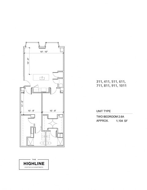 Floor plan for 2 beds, 2 baths, 1100 sqft